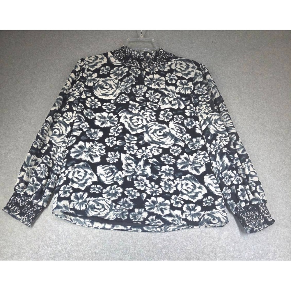 J.Crew Womens XS Navy Blue White Floral Rose Smocked High Neck Blouse Top